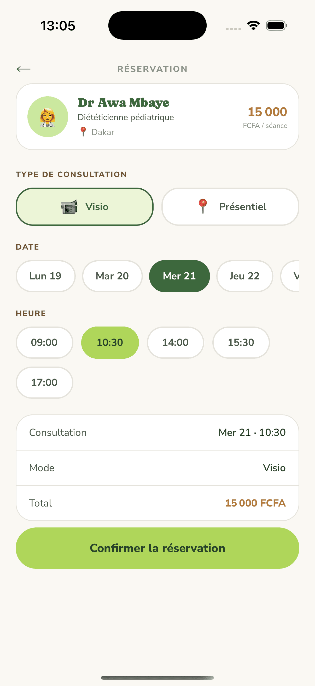 Booking screen