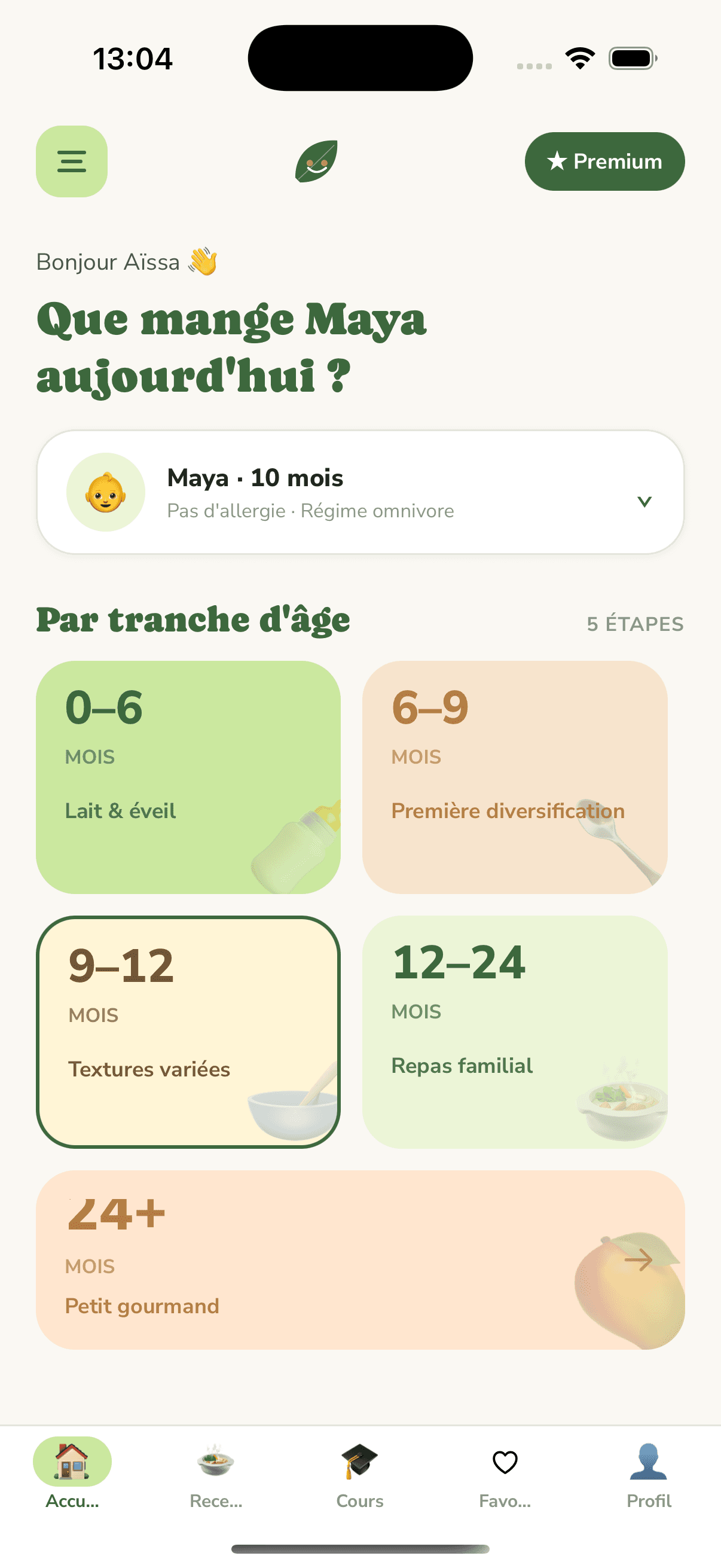 Écran d'accueil de l'app Enutri