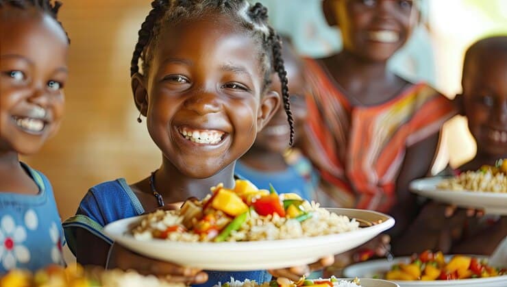 Une famille prépare et partage un repas